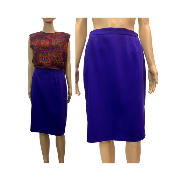 Vintage Escada Royal Purple Wool Skirt | Knee Length Straight | W 28 - 29" - Picture 1 of 8
